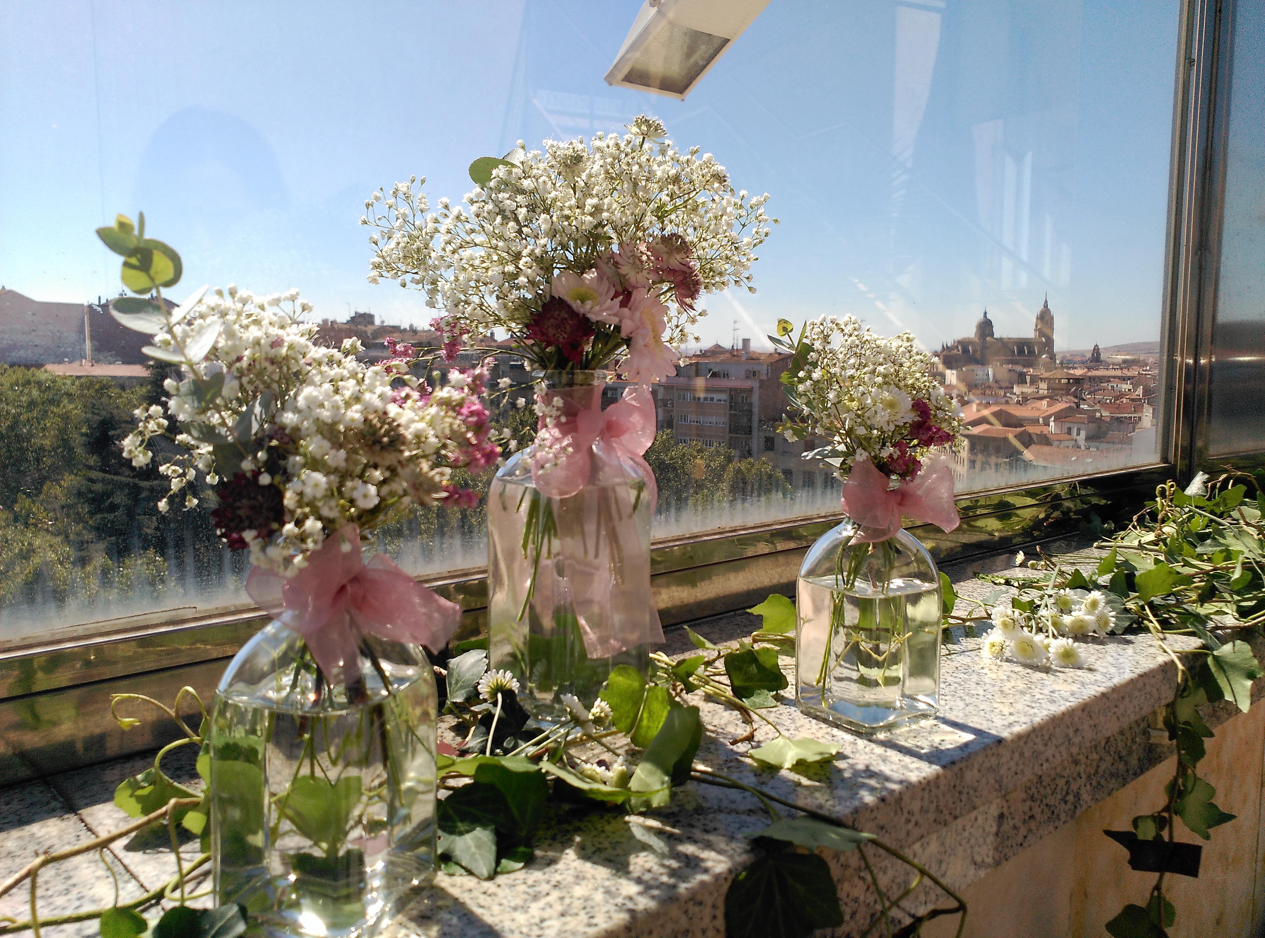 ホテル オテル アラメーダ パラス サラマンカ エクステリア 写真 The photo shows several glass vases arranged on a windowsill, each holding delicate bouquets of flowers. The flowers consist primarily of white baby's breath, some with touches of other colors, and are adorned with pink ribbons. The jars are filled w